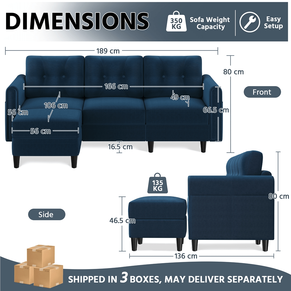 3-Seater Sofa with Ottoman Velvet Upholstered Corner Sofa for Living Room L-shaped Chaise Lounge Sofa