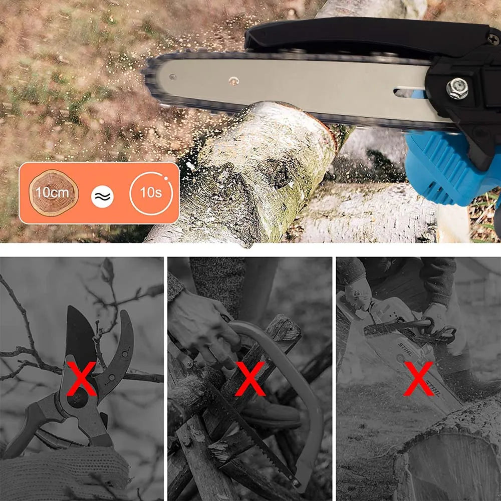 6 Inch 4000 Watt Portable Mini Cordless Chainsaw Electric Single Hand Saw Wood Cutter with 2 Battery Rechargeable Lightweight
