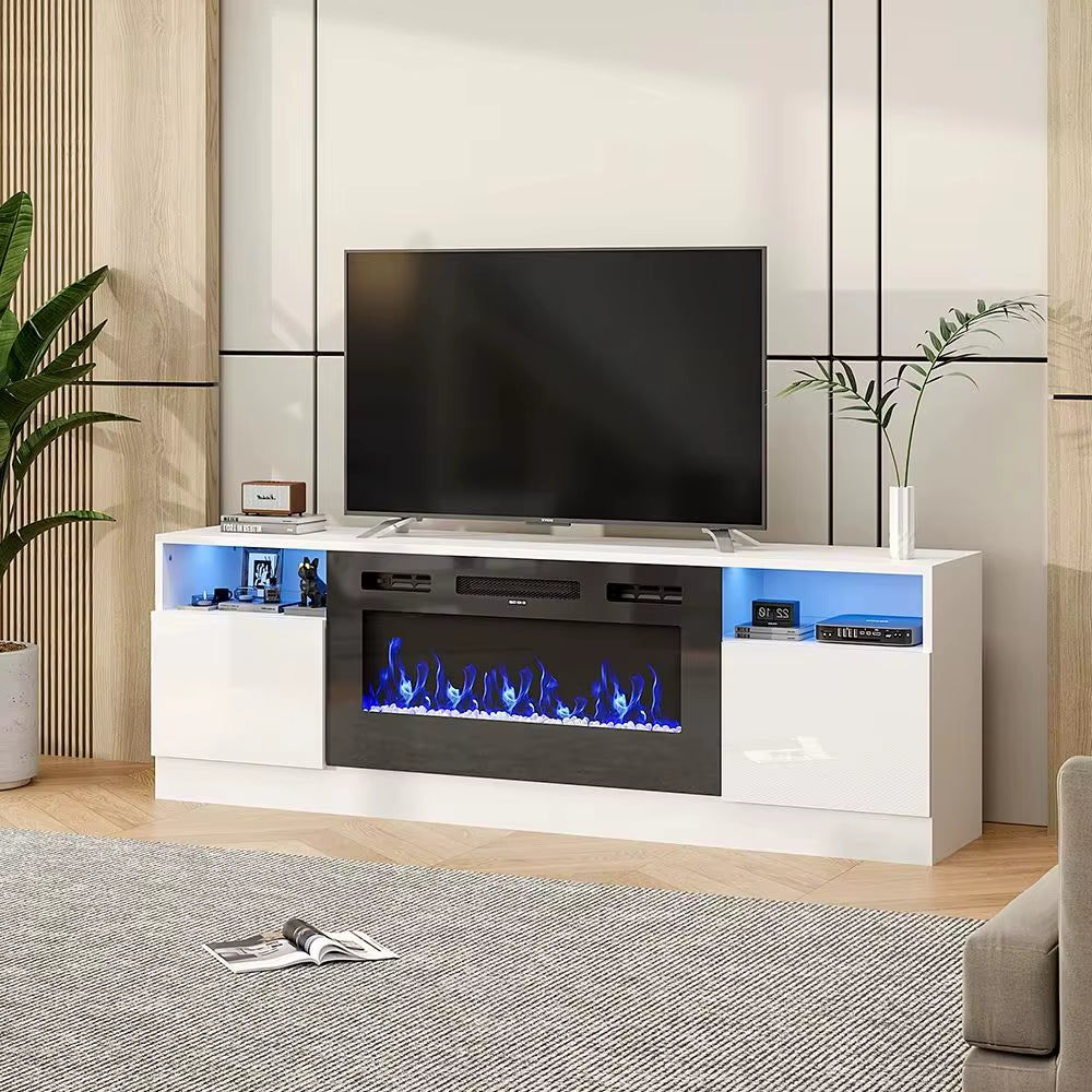 Modern Electric Fireplace TV Stand 178Cm White with Adjustable Flame, Remote and Storage