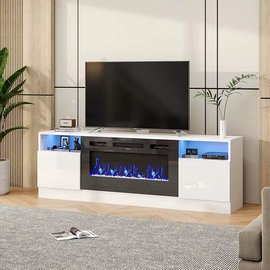 Modern Electric Fireplace TV Stand 178Cm White with Adjustable Flame, Remote and Storage