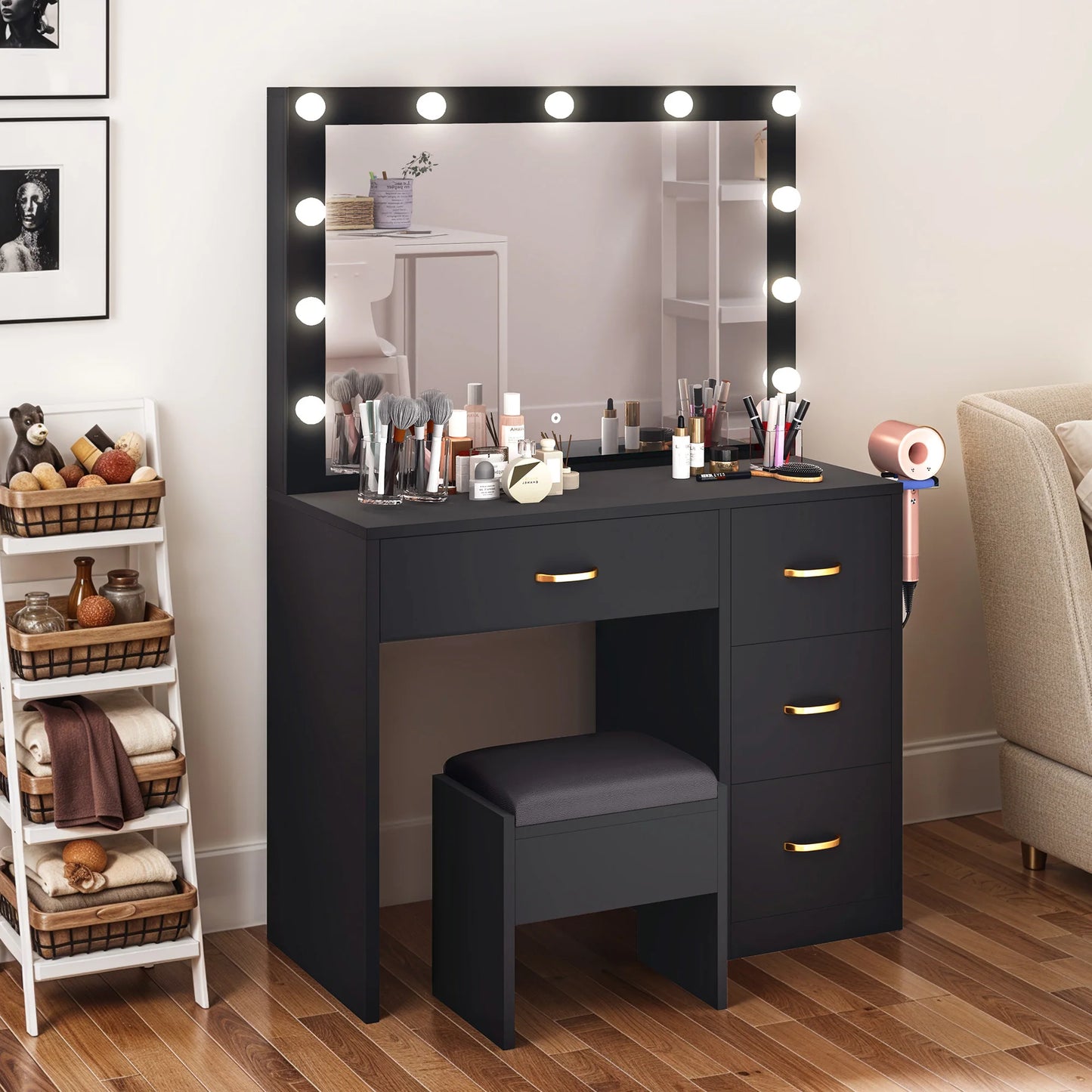 Black Dressing Table - LED Vanity Desk with Adjustable Mirror, 4 Drawers & Power Outlet, 90X40X136Cm