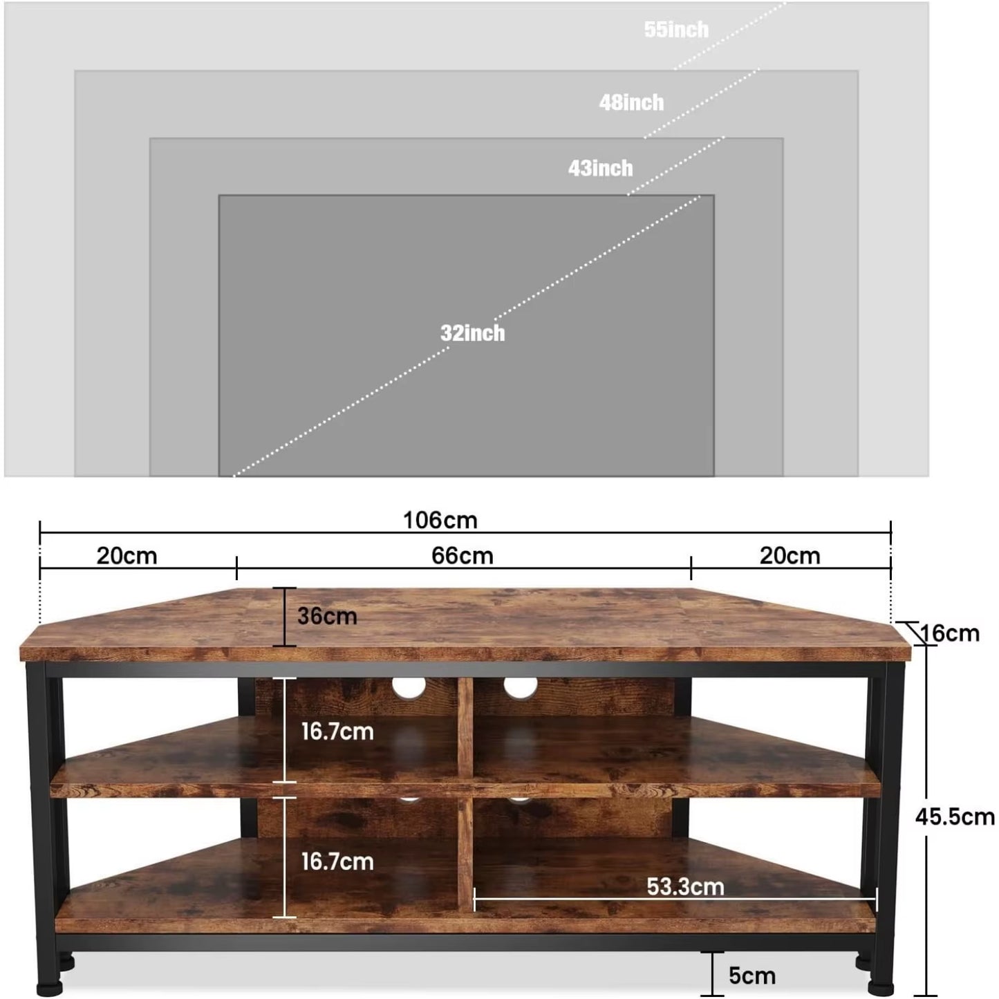 TV Stand Cabinet with LED Lighting, Corner Cabinet TV Unit for up to 50 Inch TV with Open Gaming Entertainment Center Shelves