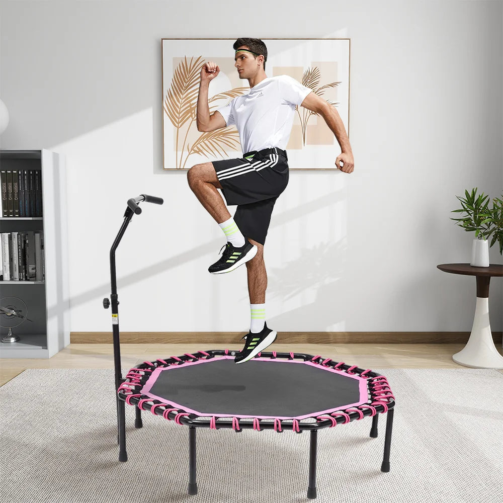 51 Inch Black Pink Octagonal Garden Trampoline Fitness Trampoline with Adjustable T-Bar Handle for Kids Adults