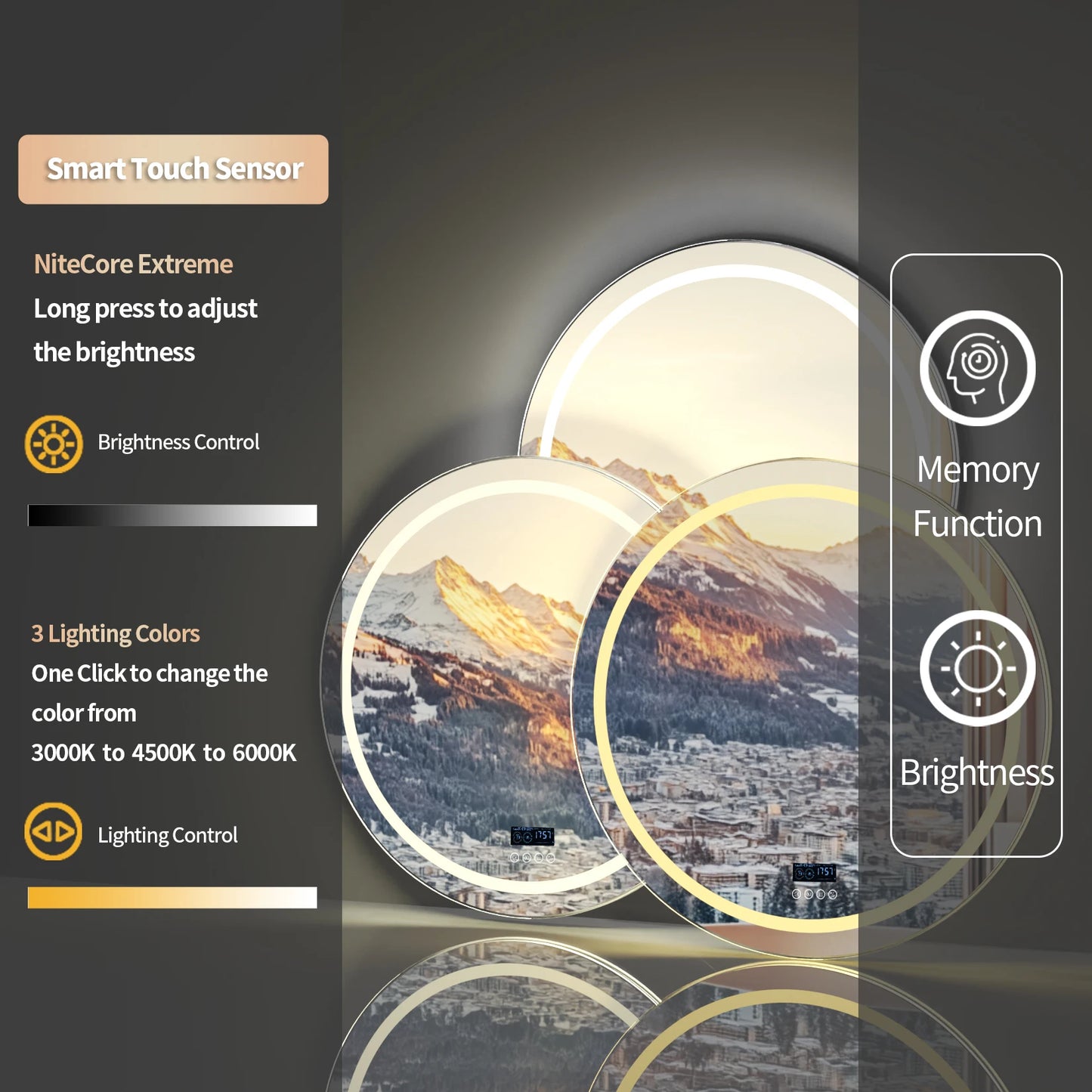 32" x 32" Wall-Mounted LED Bathroom Mirror with Dimmable 3-Color Lighting, Bluetooth Speaker, Anti-Fog Feature, and Memory Function