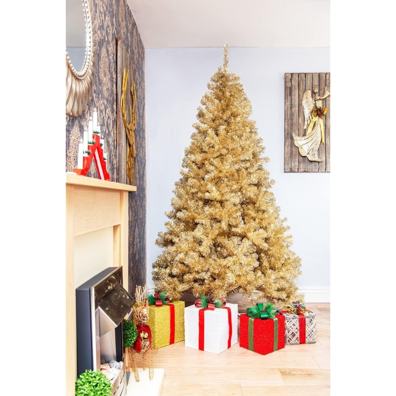 4Ft-8Ft Artificial Christmas Tree Champagne Gold Shiny Tinsel Tips Luxurious Hinged Branches Xmas Holiday Home Decorations