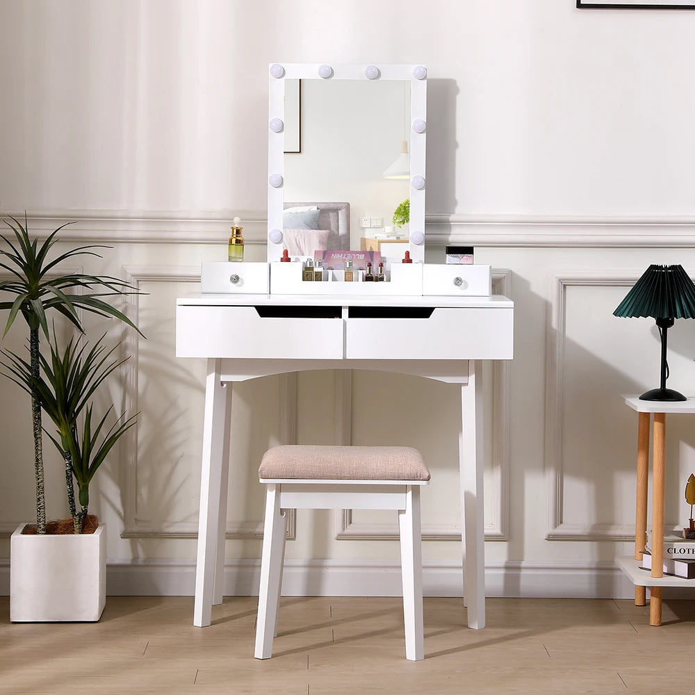 Modern Vanity Makeup Table and Cushioned Stool Set with 4 Drawers, White