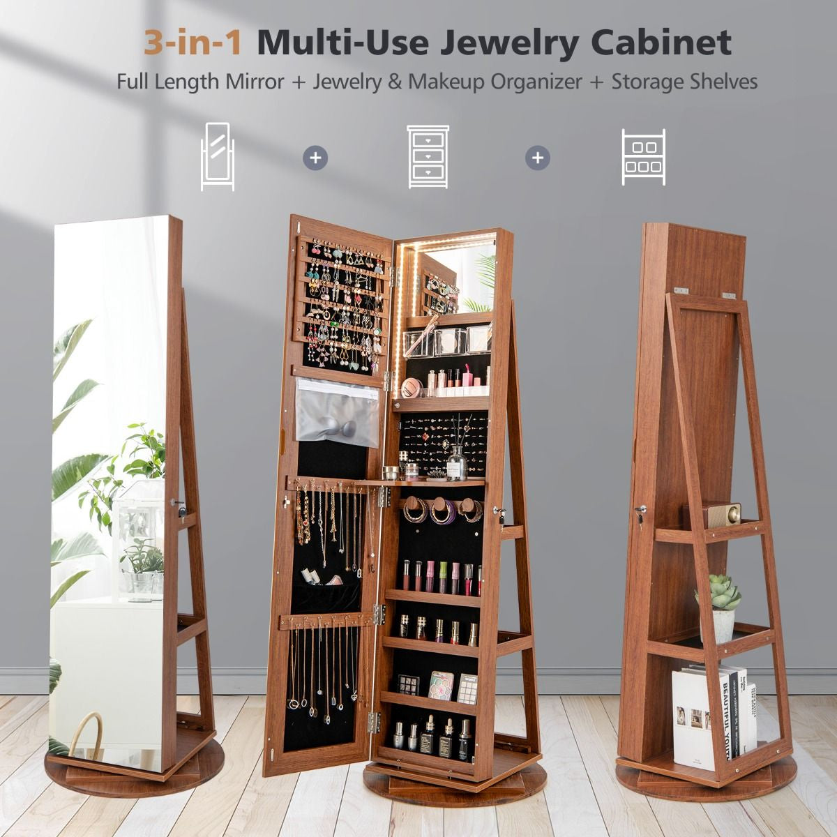 360-Degree Mirrored Jewelry Armoire with 3-Color Auto-On LED Lights