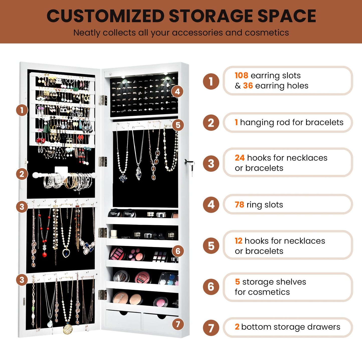 Lockable Jewelry Cabinet with Full Length Mirror and LED Lights