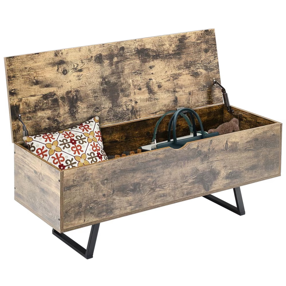 Industrial Wooden Flip Top Storage Bench for Storing Blankets, Pillows