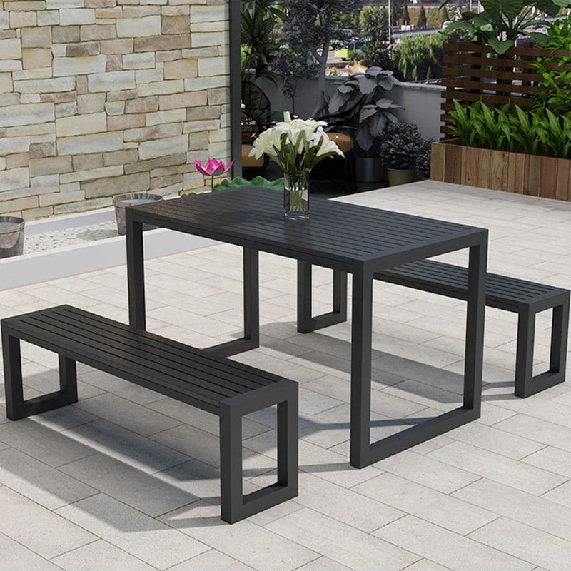 Outdoor Wooden and Metallic Dining Table with Parasol Hole and Benches Set