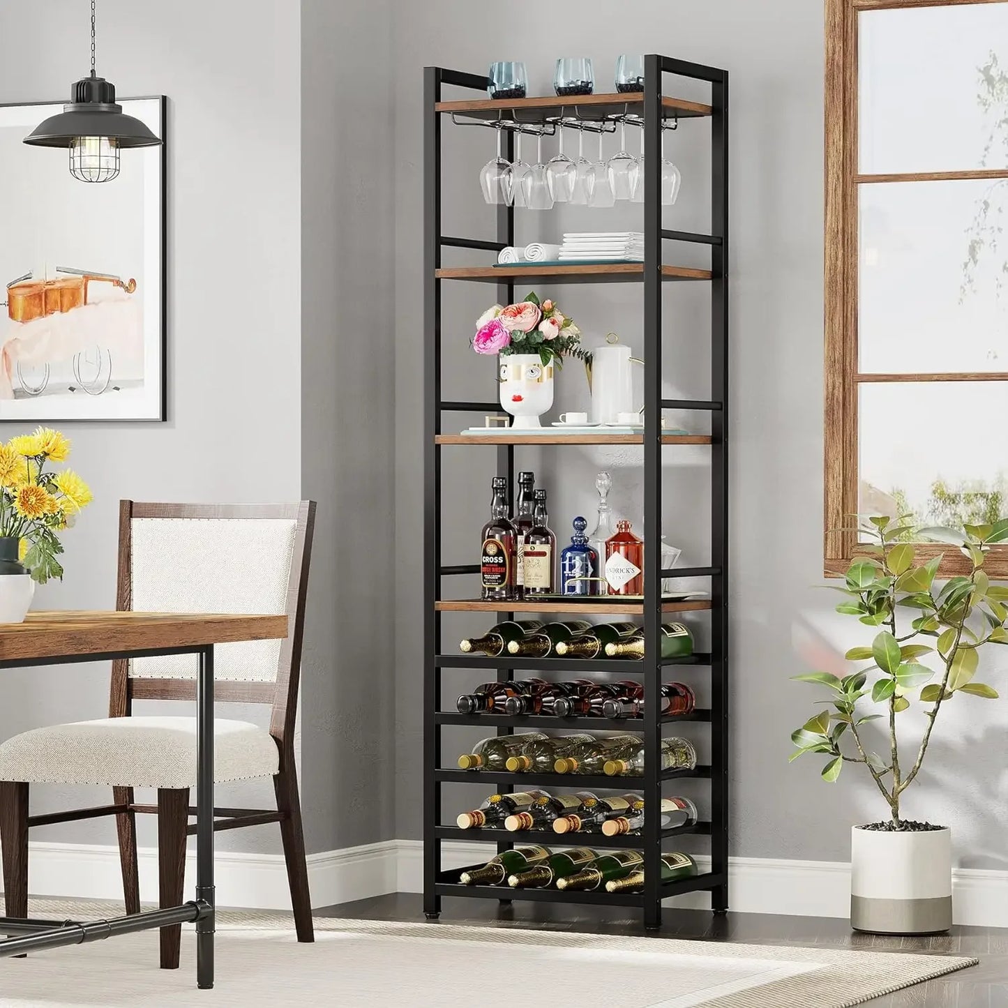 20 Bottle Wine Bakers Rack, 9 Tier Freestanding Wine Rack with Glass Holder and Storage Shelves