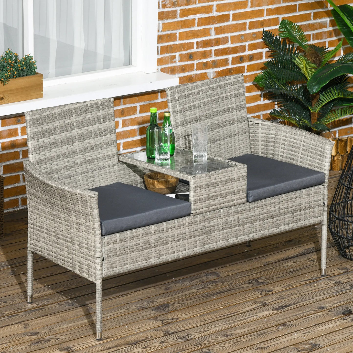 2-Seater Rattan Garden Bench with Glass Tea Table in Mixed Grey
