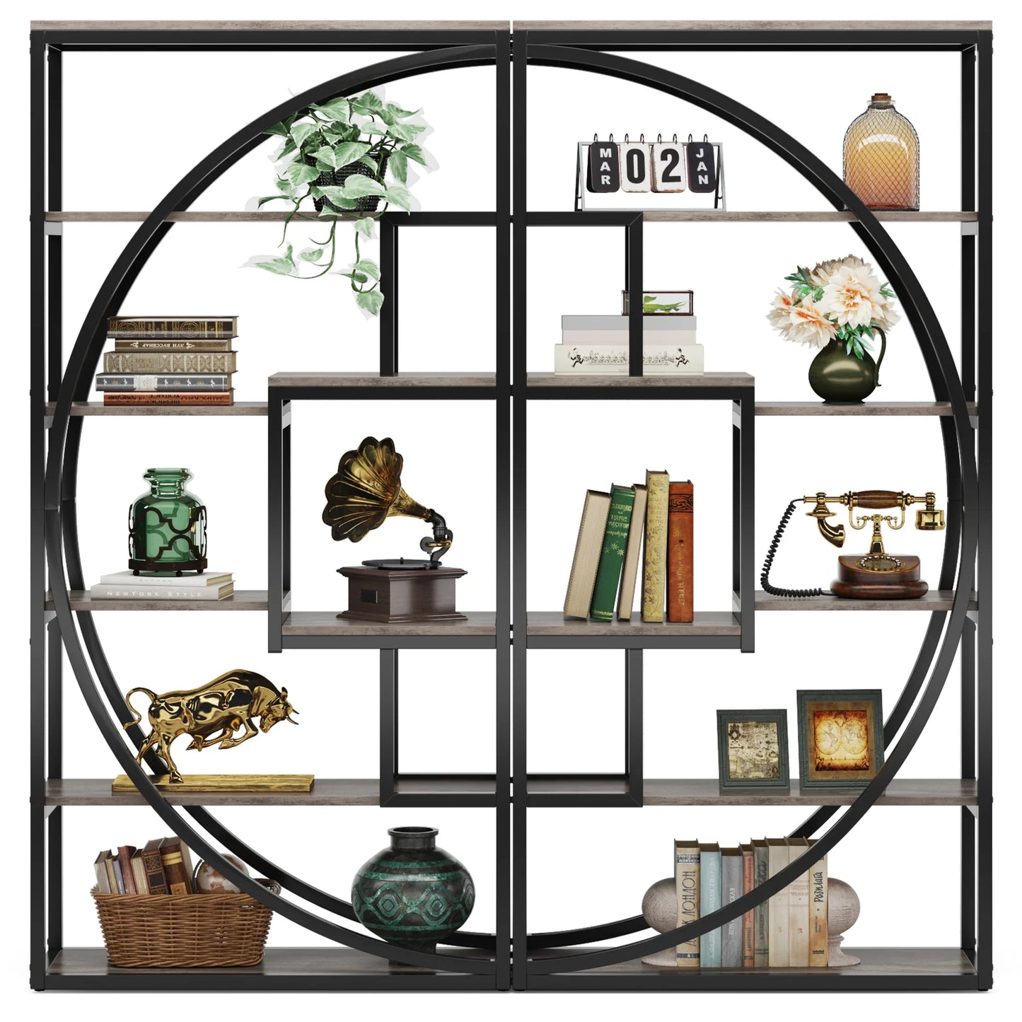 Industrial 5-Tier Etagere 70.8 Inch Tall Bookshelf with 8 Open Storage, Vintage Grey
