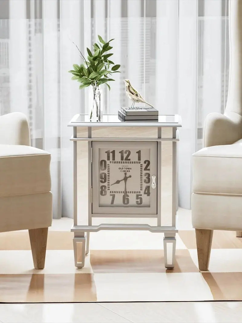 Modern Mirrored End Table Sofa Side Accent Table with Clock Display for Living Room