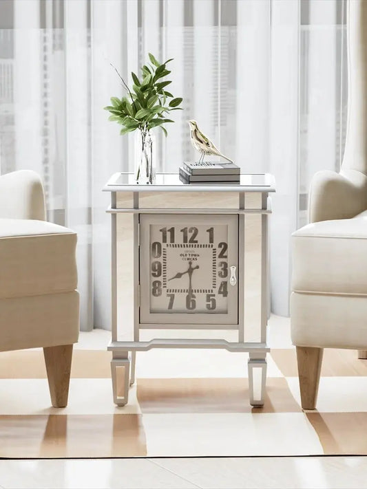 Modern Mirrored End Table Sofa Side Accent Table with Clock Display for Living Room