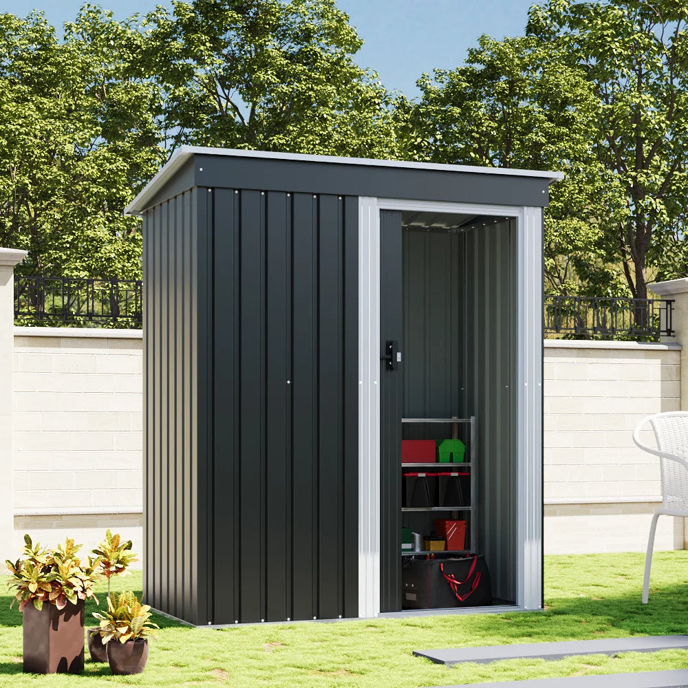 Outdoor Water-Resistant Galvanized Steel Storage Shed with Sloping Roof，Lockable Door for Lawn Patio Backyard