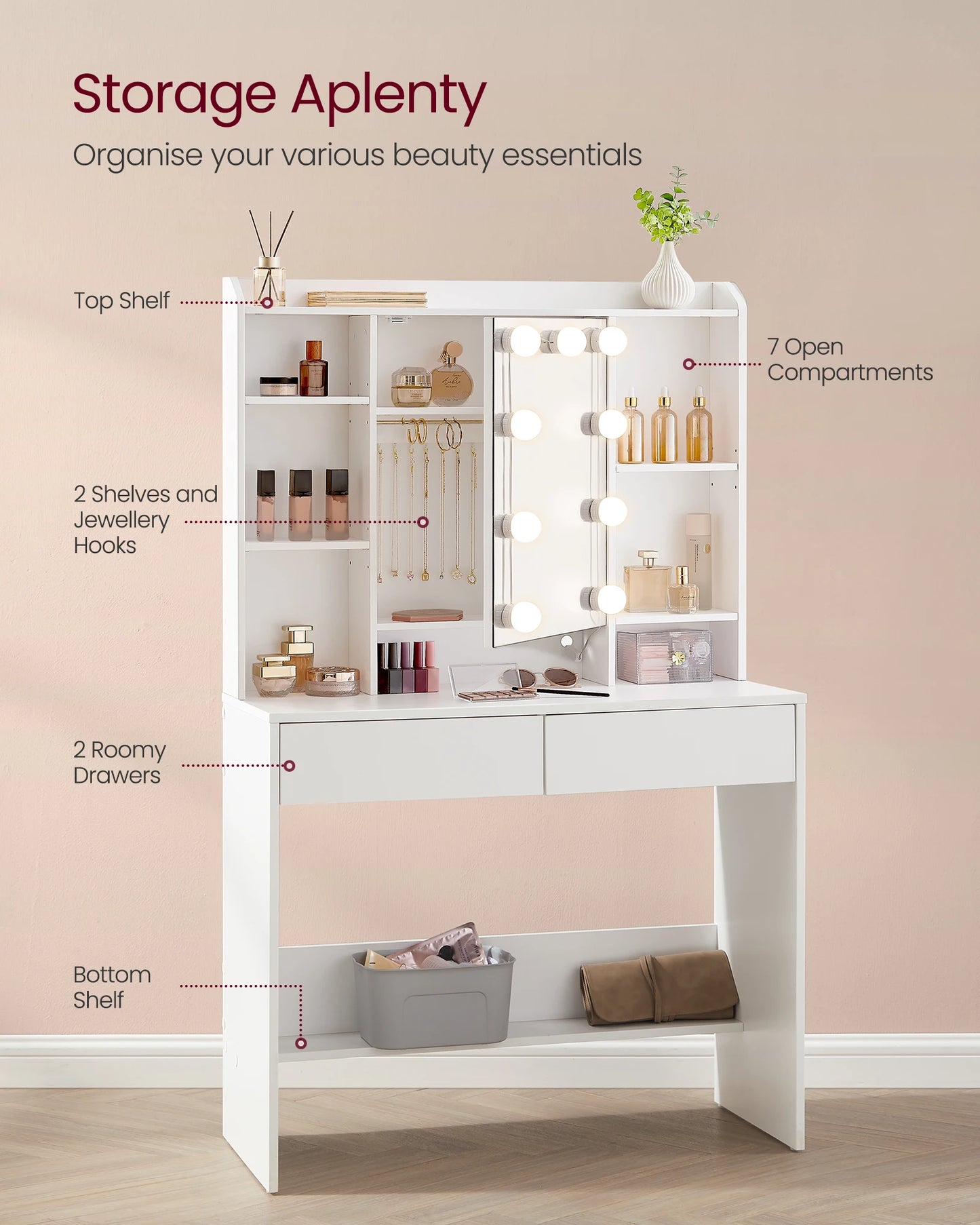 Dressing Table with LED Lights, 9 Bulbs, 3 Light Colours, Adjustable Brightness, Vanity Desk with Mirror,2 Drawers