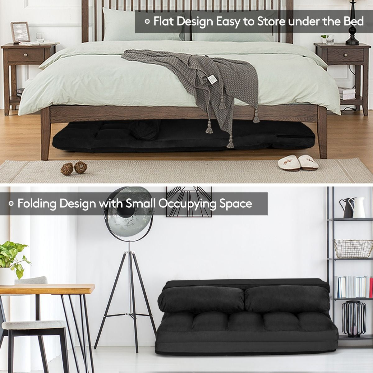 2 in 1 Folding Floor Lazy Sofa Bed with 6 Adjustable Seat Positions and 2 Pillows