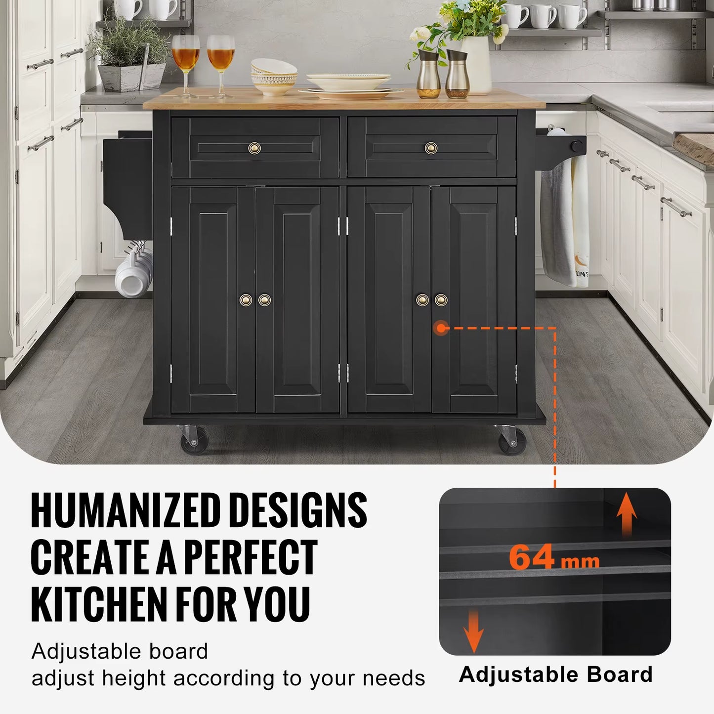 43" Kitchen Island Cart Wood Top Mobile Carts with Storage Cabinet Rolling Table with Drop Leaf Spice Rack Towel Bar Black
