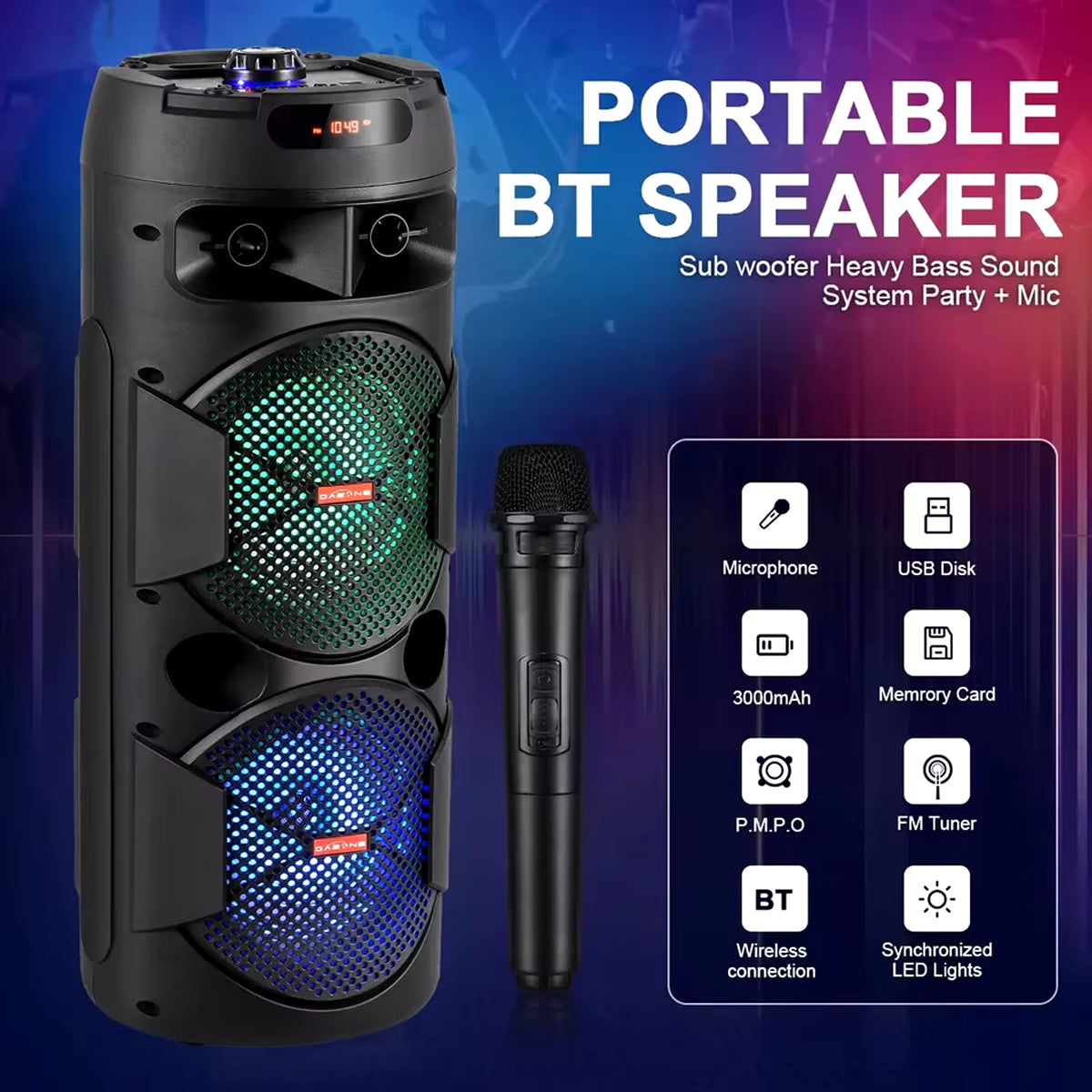 Ultimate Portable Dual 8-Inch Woofer Wireless Speaker System with LED Lights, Microphone, and Powerful Bass - Rechargeable and Ready to Rock!
