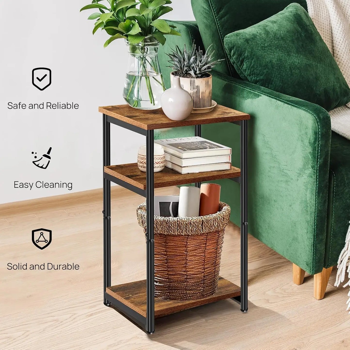 BRIEFNESS Side Table with Shelf 3 Tier Slim End Table Narrow Side Table Coffee Table Nightstand Living Room Table Brown