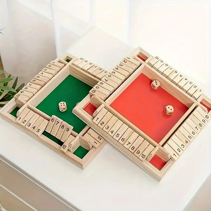 Classic 4-Sided Wooden Shut-The-Box Game with Dice - Timeless Tabletop Fun for Family and Friends