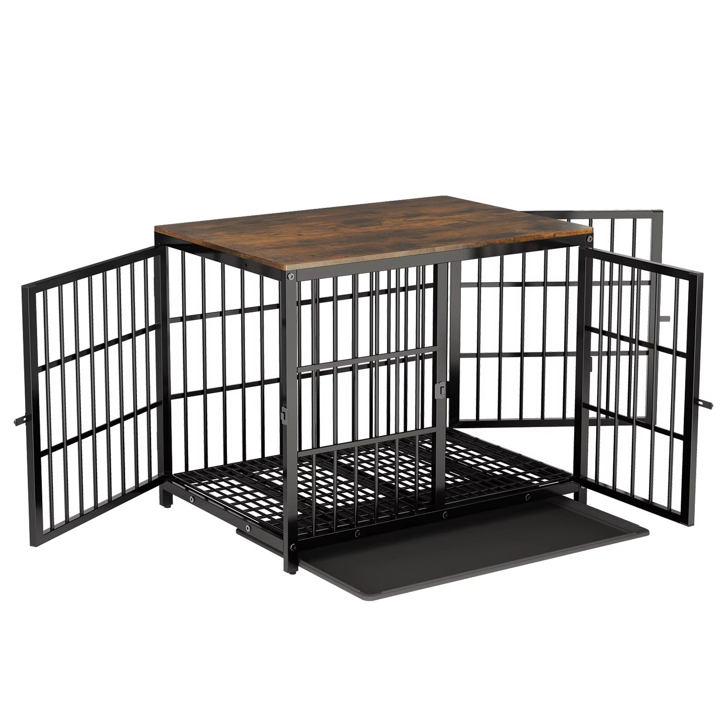 Stylish Heavy-Duty Metal & Wood Dog Kennel End Table with Three Doors and Removable Tray