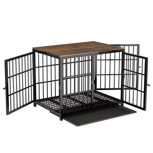 Stylish Heavy-Duty Metal & Wood Dog Kennel End Table with Three Doors and Removable Tray