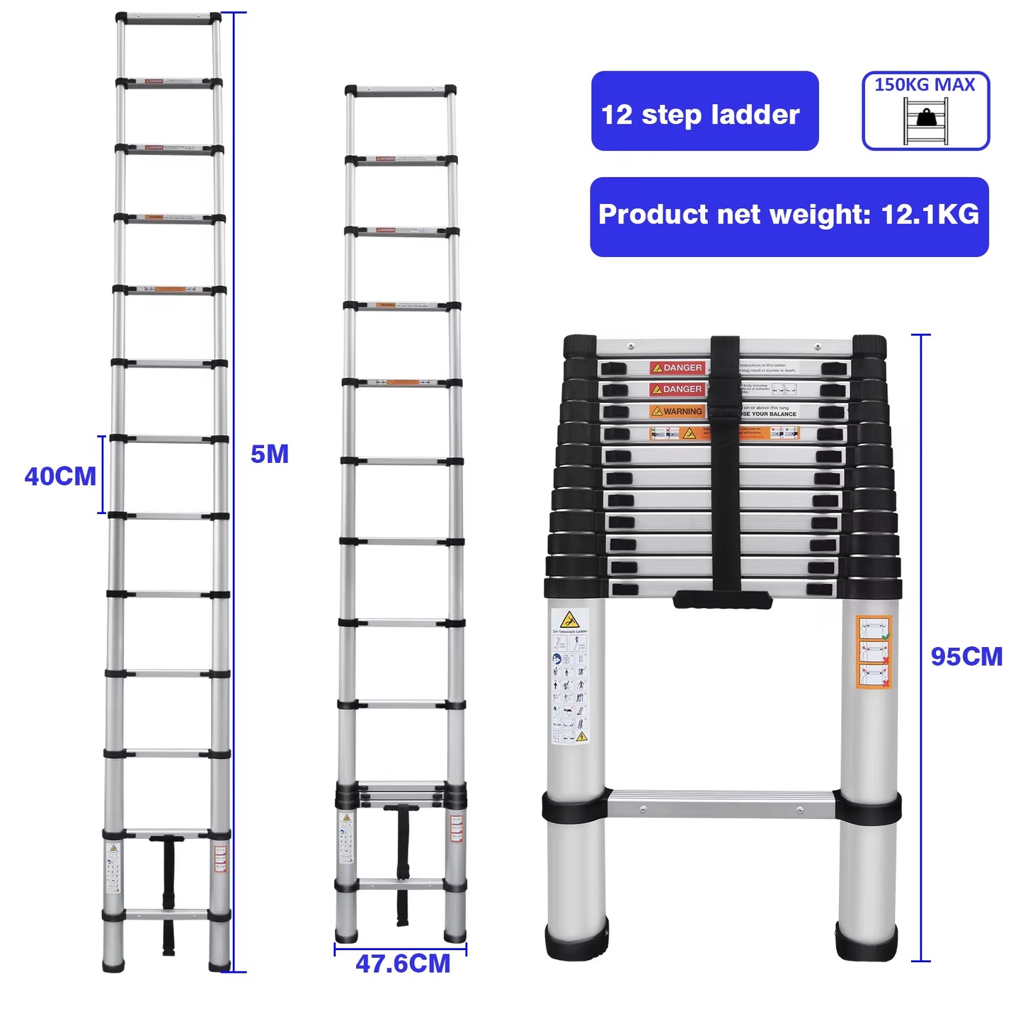 Multi-Size Aluminium Telescopic Ladder with Non-Slip Feet,Adjustable Lightweight Ladder for Home or Caravan, 330Lb Load Capacity