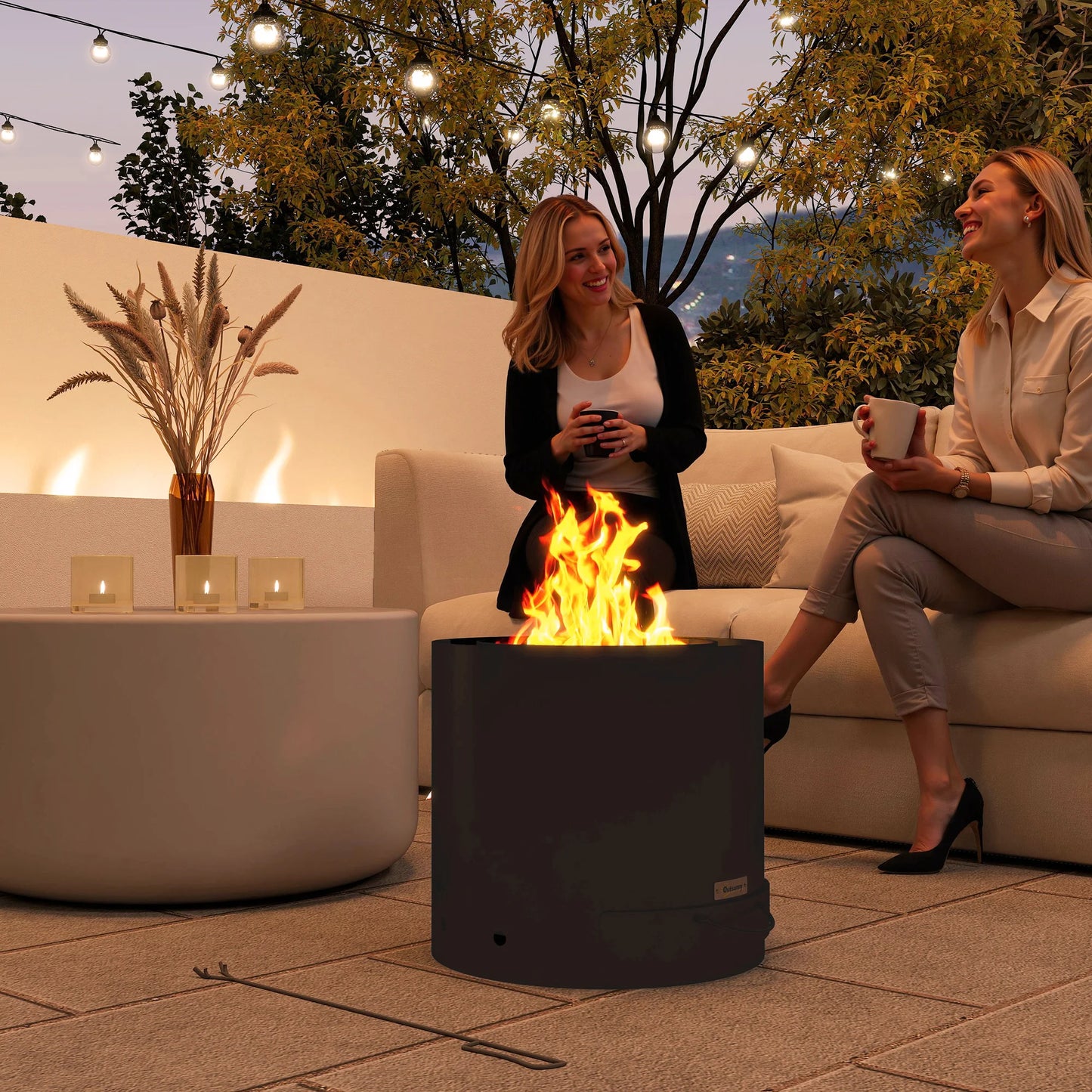 Outdoor round Fire Pit with Ash Tray, Wood Burning Firepit with Fire Poker for Patio Bonfire BBQ Camping, Black