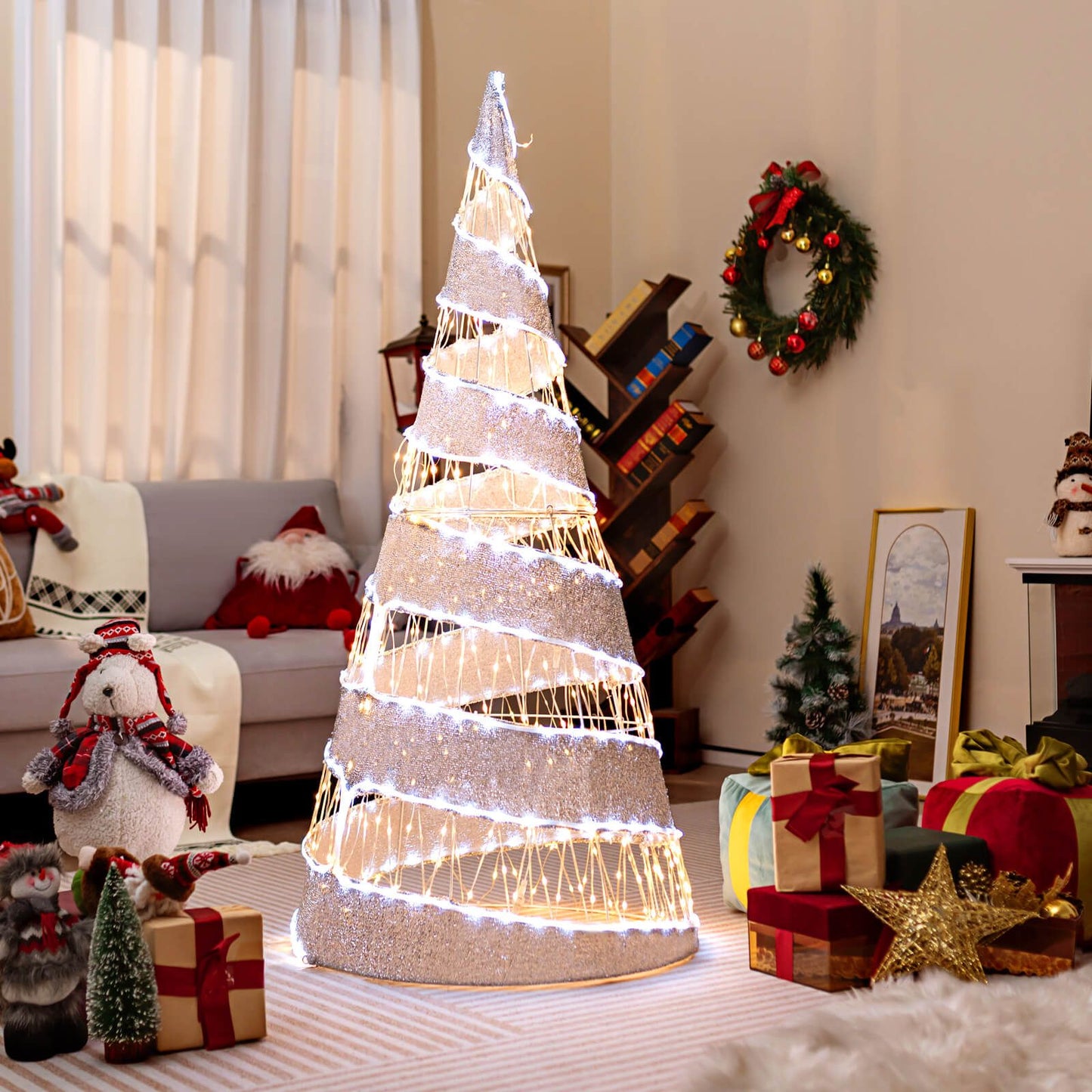 5FT Pre-Lit Christmas Cone Tree with Warm White and White LED Lights