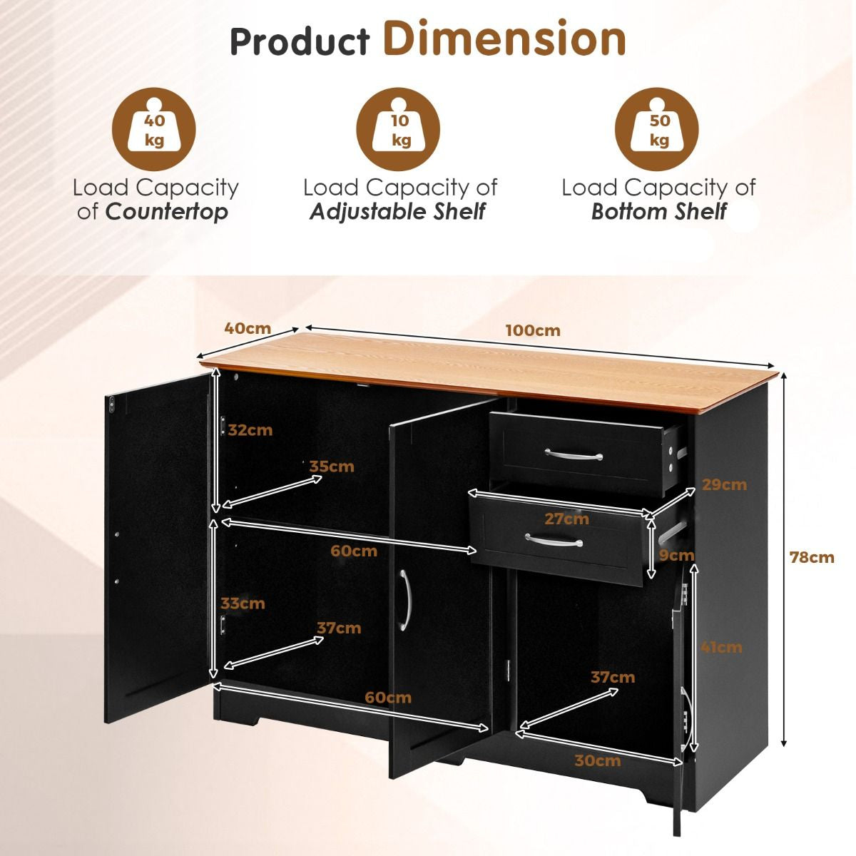 Modern Kitchen Storage Sideboard Cabinet with Adjustable Shelf and Drawers