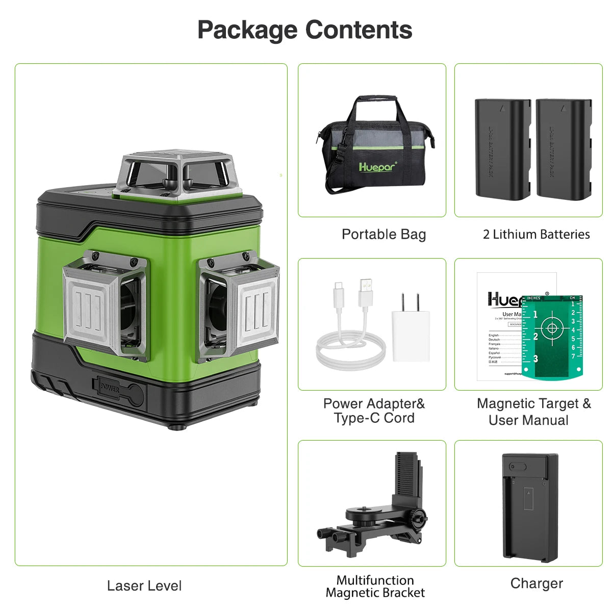 503CG 12 Lines 3D Cross Line Self-Leveling Laser Level 3 X 360 Green Beam Tool with 2Pcs Li-Ion Battery & Portable Bag