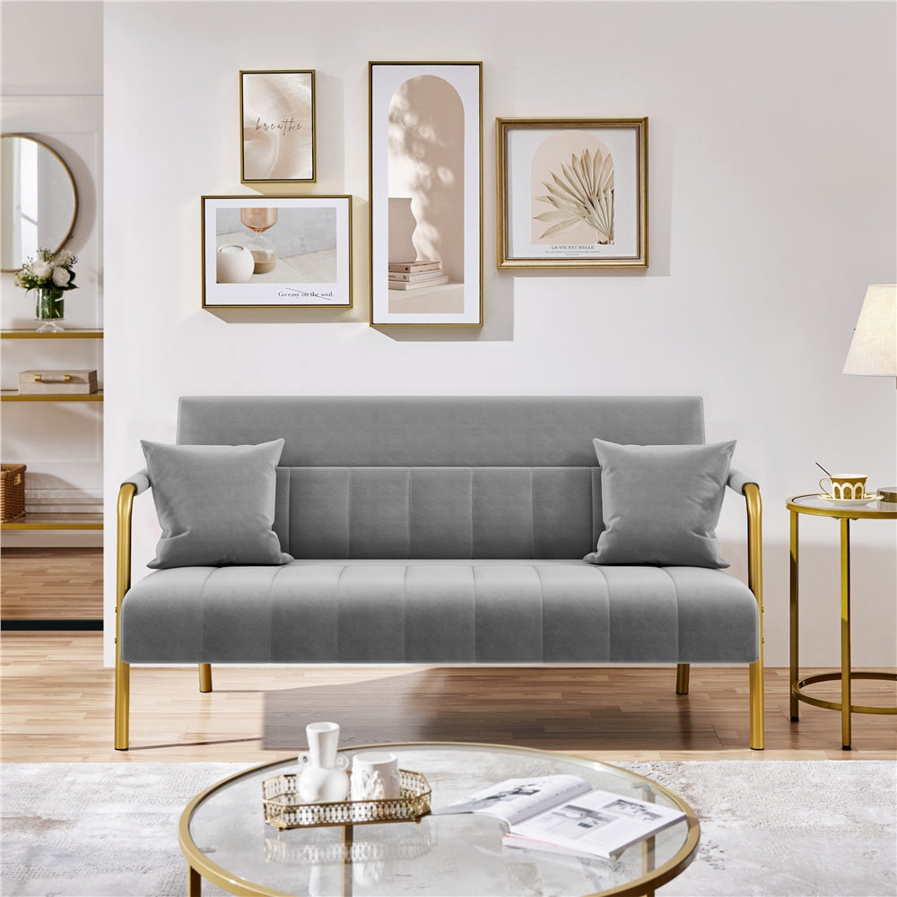 Sofa Couch Modern Velvet 143cm Loveseat with Gold-tone Metal Arms & Legs, Upholstered Design, Includes 2 Pillows