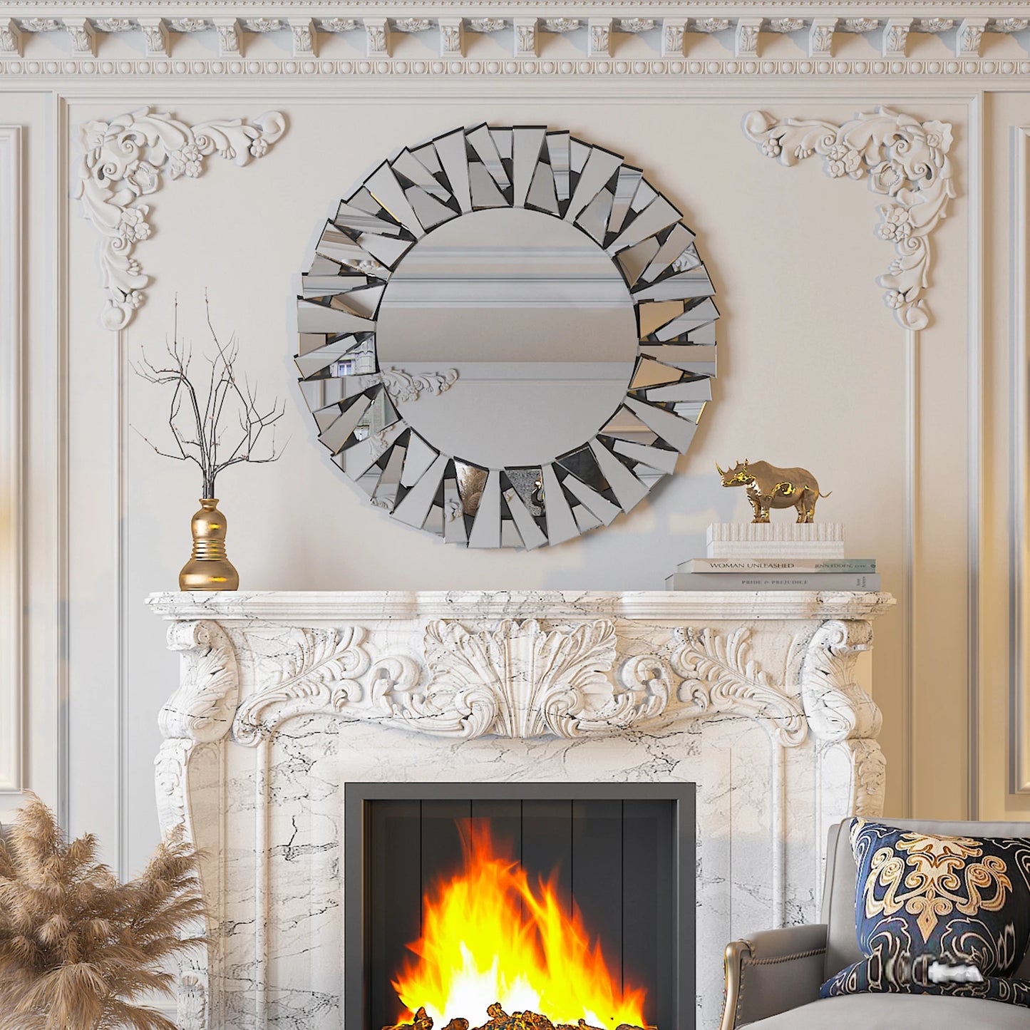 32" Wall Mirrors Decorative round Sunburst Mirror for Wall Decor Modern Silver Glass Wall-Mounted Beveled Hanging Circle Accents