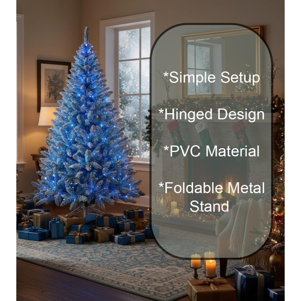 4Ft-8Ft Christmas Tree Prelit Flocked Blue LED Lights Multifunction, Snow Dusted Artificial Pine Foldable Metal Stand Tips Hinged Branches