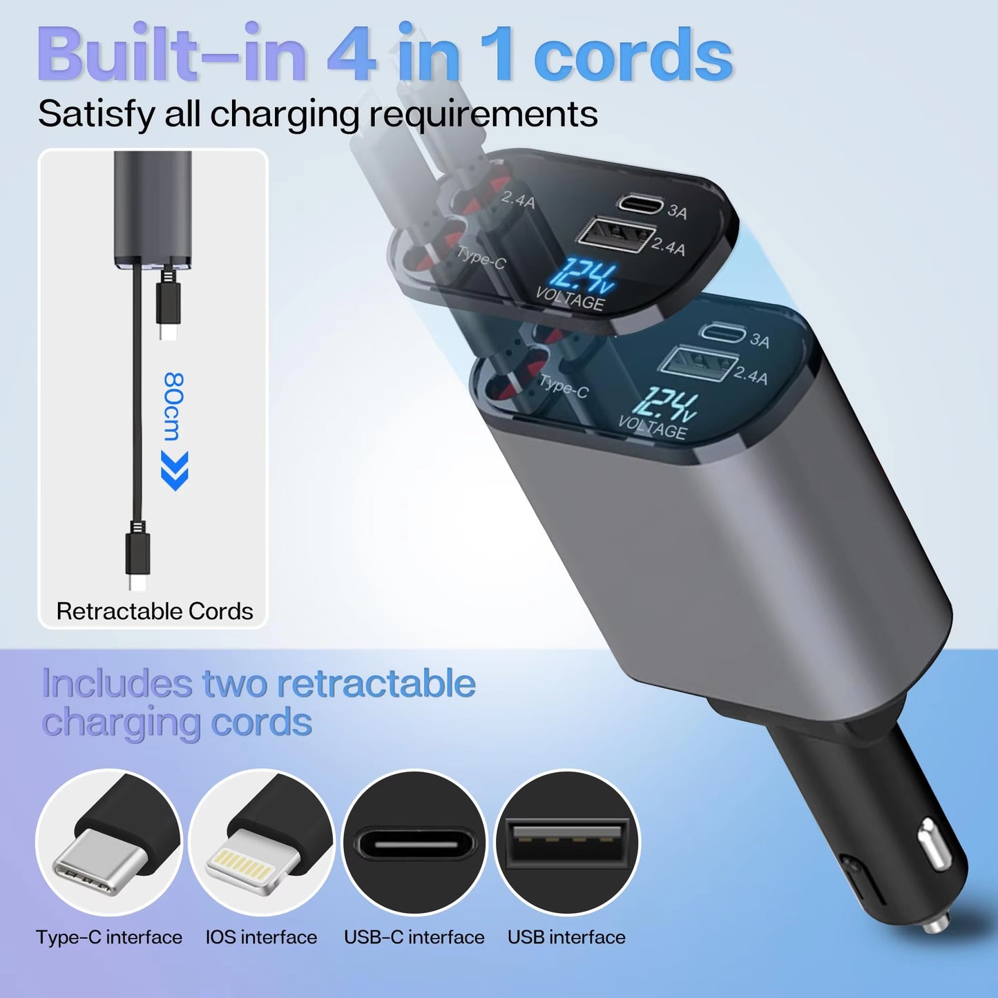 Ultimate 4-in-1 Retractable Car Charger with USB PD Type C Cable for Lightning-Fast iPhone Charging & QC Adapter