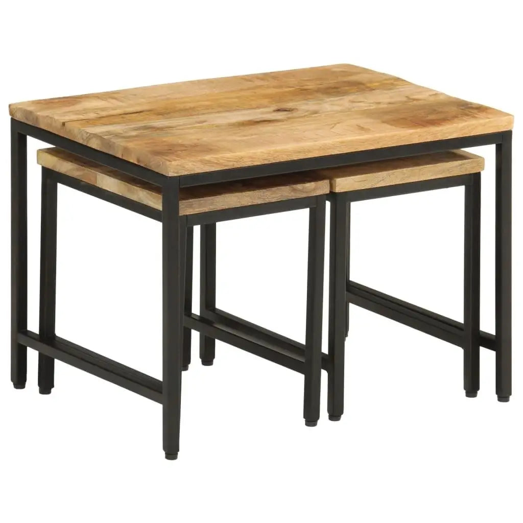 3-Piece Nesting Coffee Tables Set - Solid Rough Mango Wood & Durable Iron Frame