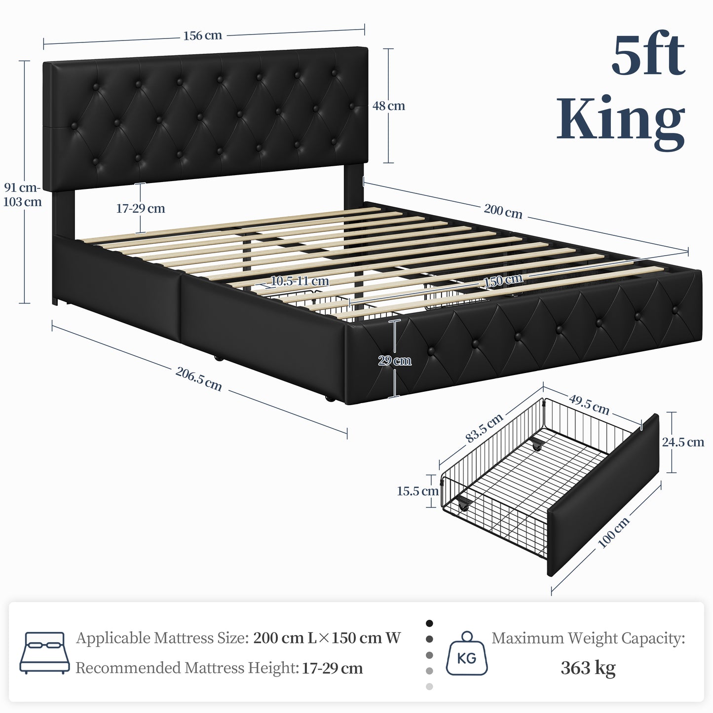 Upholstered Bed Frame with Large Pull-Out Drawers Storage & Height-Adjustable Headboard, Faux Leather