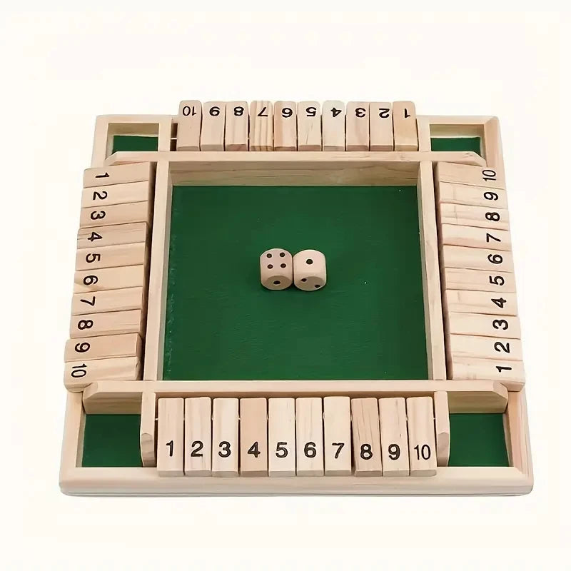 Classic 4-Sided Wooden Shut-The-Box Game with Dice - Timeless Tabletop Fun for Family and Friends