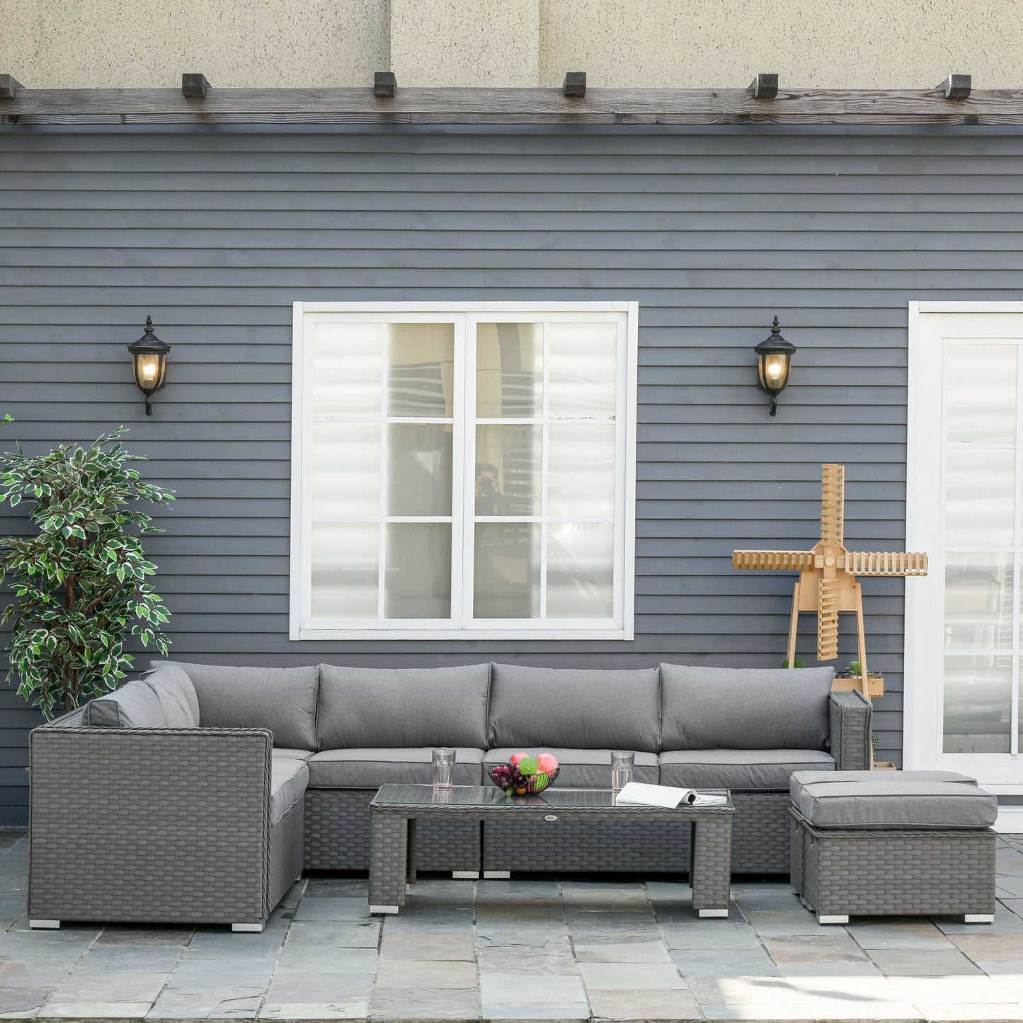 6-Piece PE Rattan Wicker Corner Sofa Set with Coffee Table & Footstool, Grey
