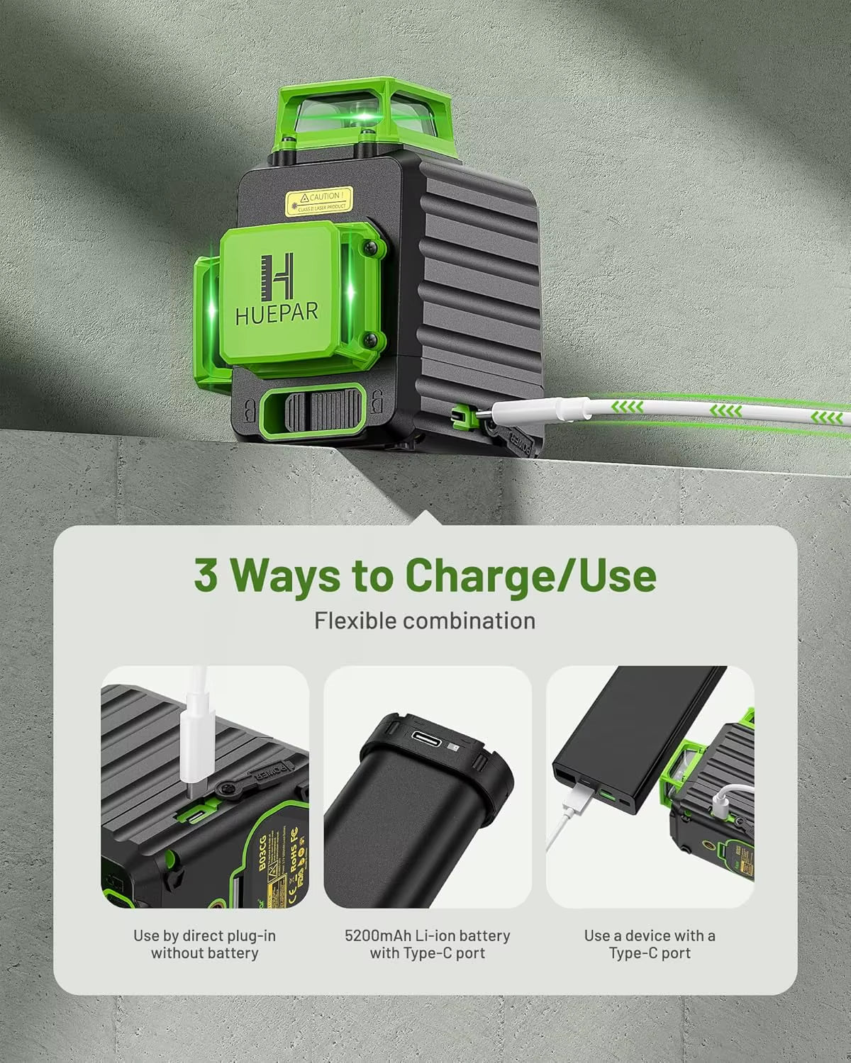 B03CG 12 Lines Laser Level 3D Self Leveling High Brightness Green Horizontal and Vertical Cross Line Laser with Hard Case
