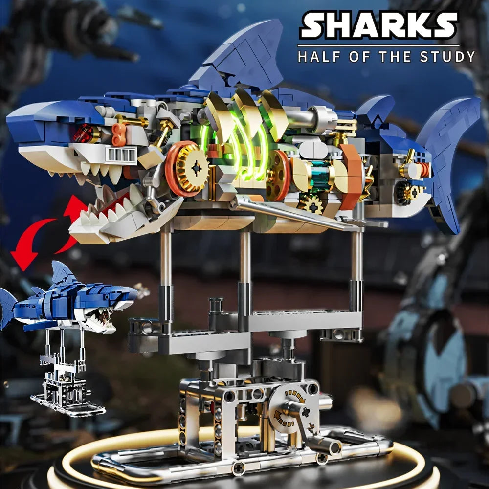 MOC Mechanical Shark Building Blocks Set - Stunning Sea Life Model with Display Stand and Lights - Perfect Gift for Kids and Adults!