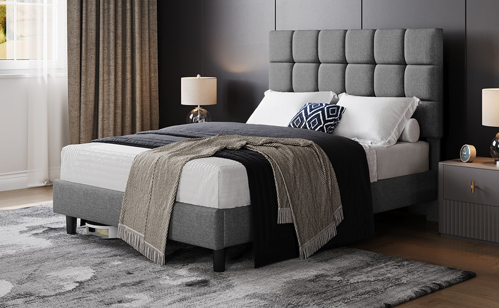 Upholstered Bed Frame, Modern Platform Bed Frame with Strong Wooden Slats Support and Square Tufted Headboard Height Adjustable