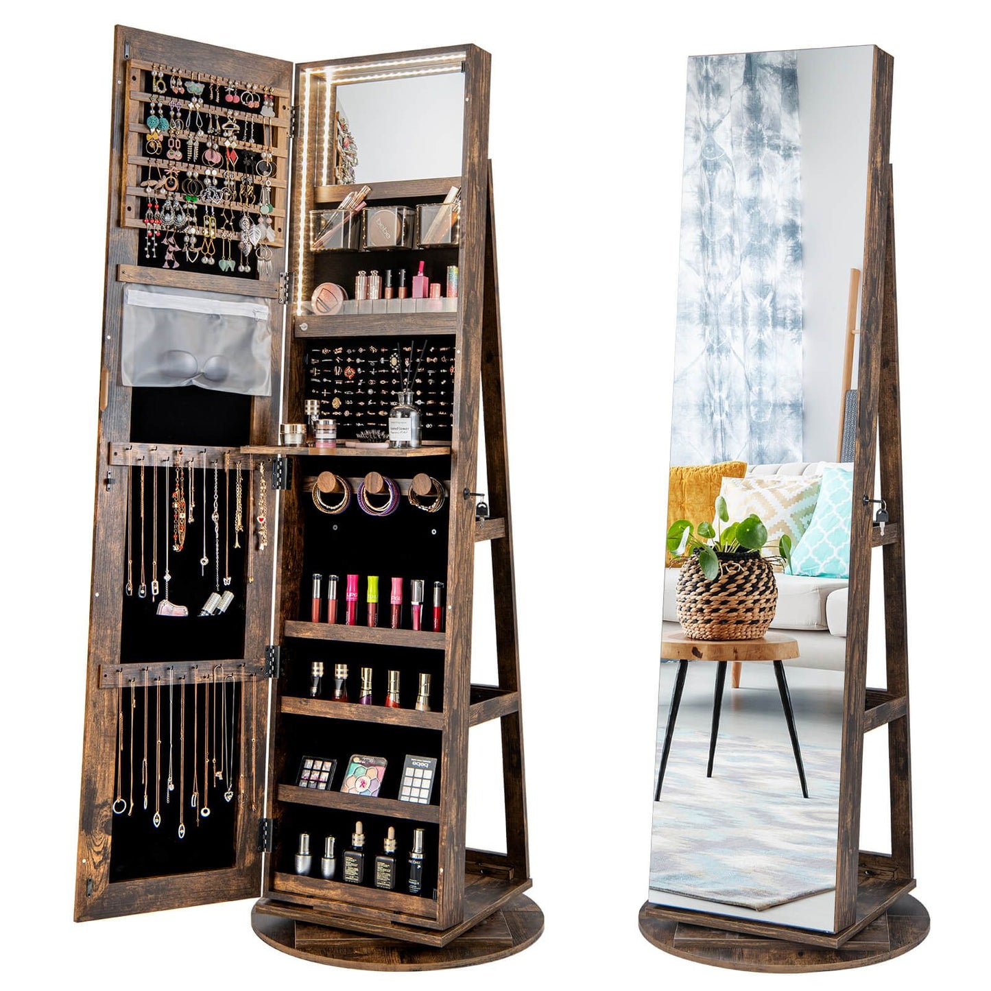 360-Degree Mirrored Jewelry Armoire with 3-Color Auto-On LED Lights