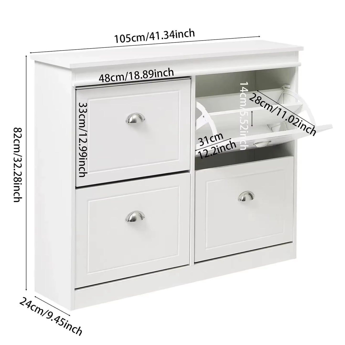 2 Tier White 4 Drawer Flip down Wooden Shoe Bench Cabinet