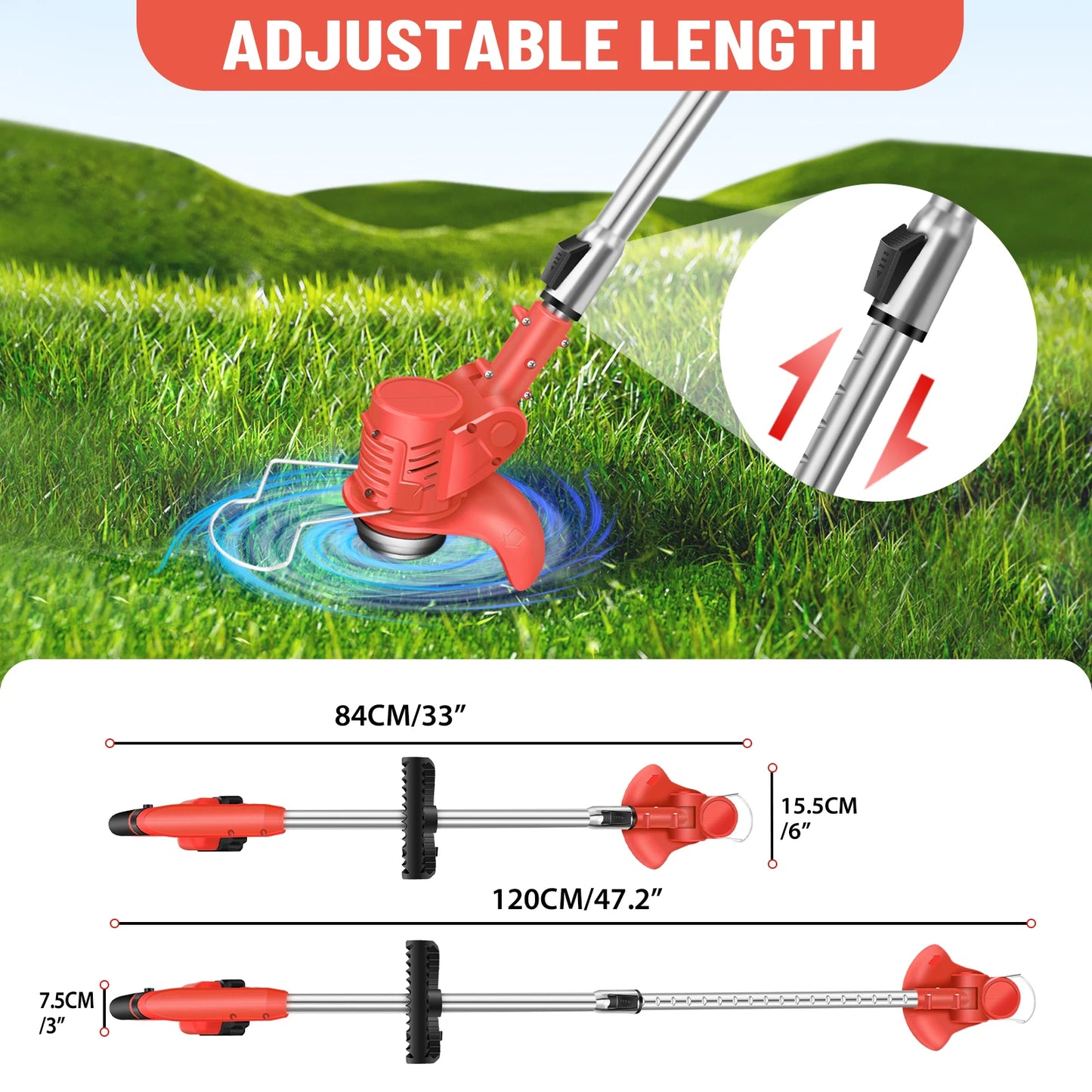 Cordless Electric Lawn Mower and Grass Trimmer - 21V Adjustable Length Cutter with 36000RPM Battery