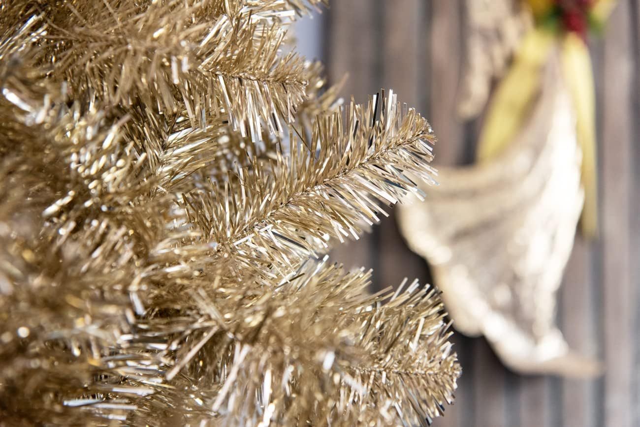 4Ft-8Ft Artificial Christmas Tree Champagne Gold Shiny Tinsel Tips Luxurious Hinged Branches Xmas Holiday Home Decorations