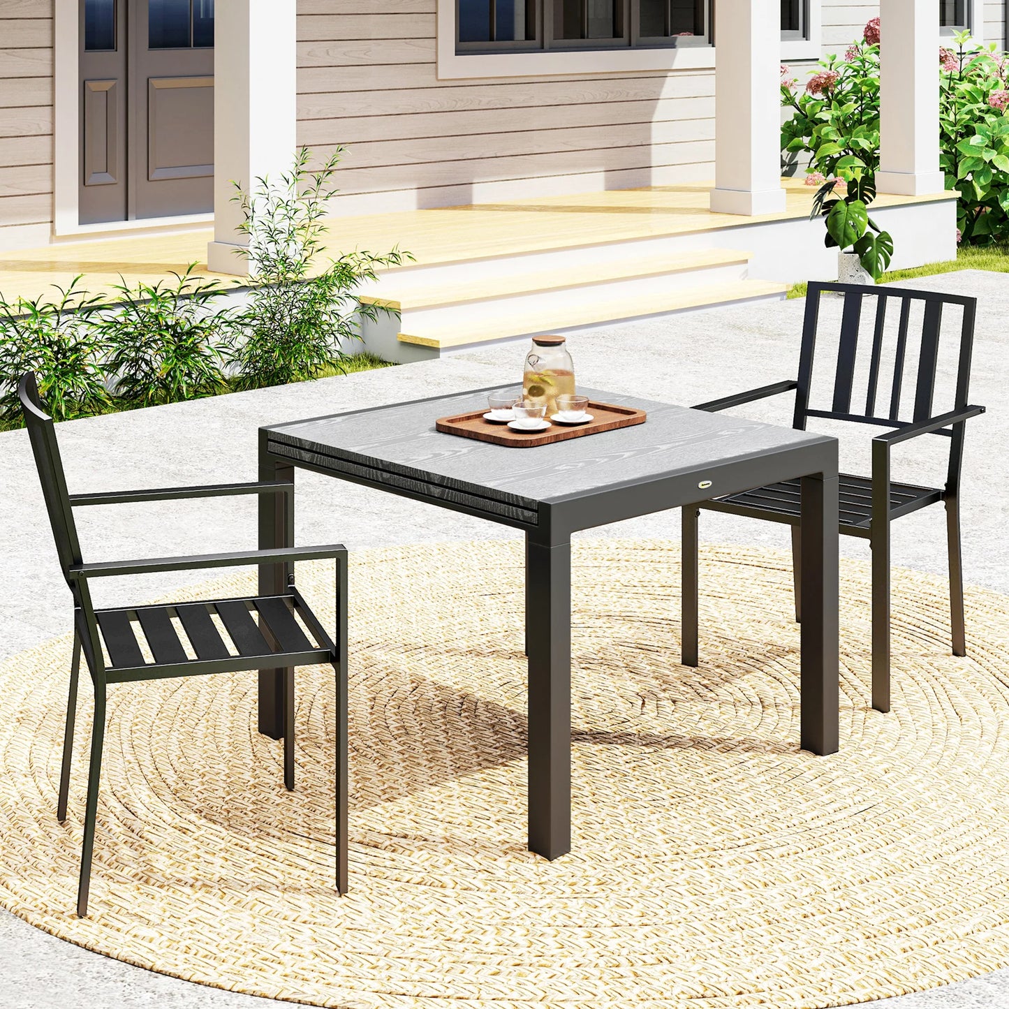 Set of 2 Stackable Outdoor Garden Chairs with Metal Slatted Design in Black
