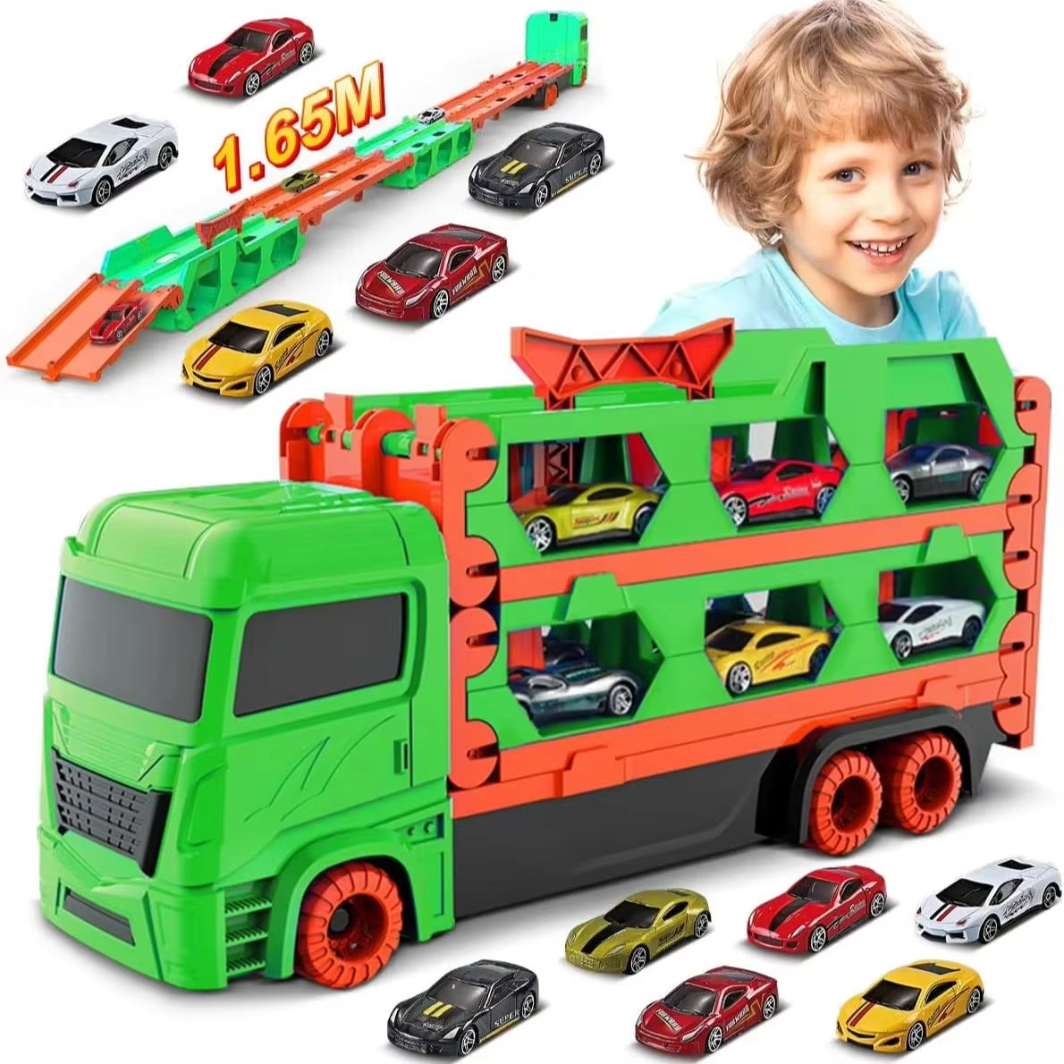 Expandable 1.65M Truck 6X Race Cars Toy for Boys Age 3+ Portable Transport Track Truck Vehicle Toy Set for Kids Gifts